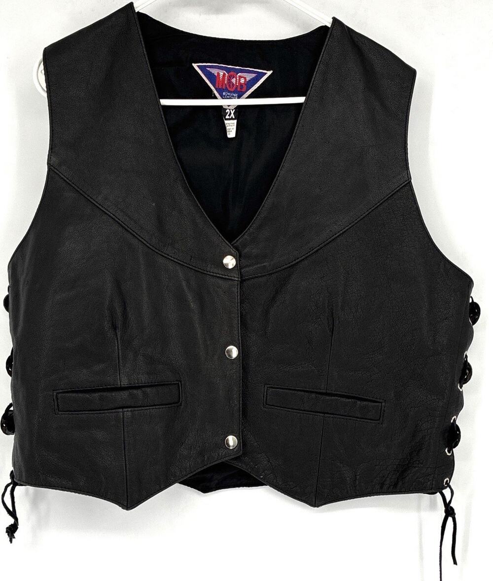 Vintage MOB Blk Leather Sz 2X Laces Silver Conchas Vest Pockets